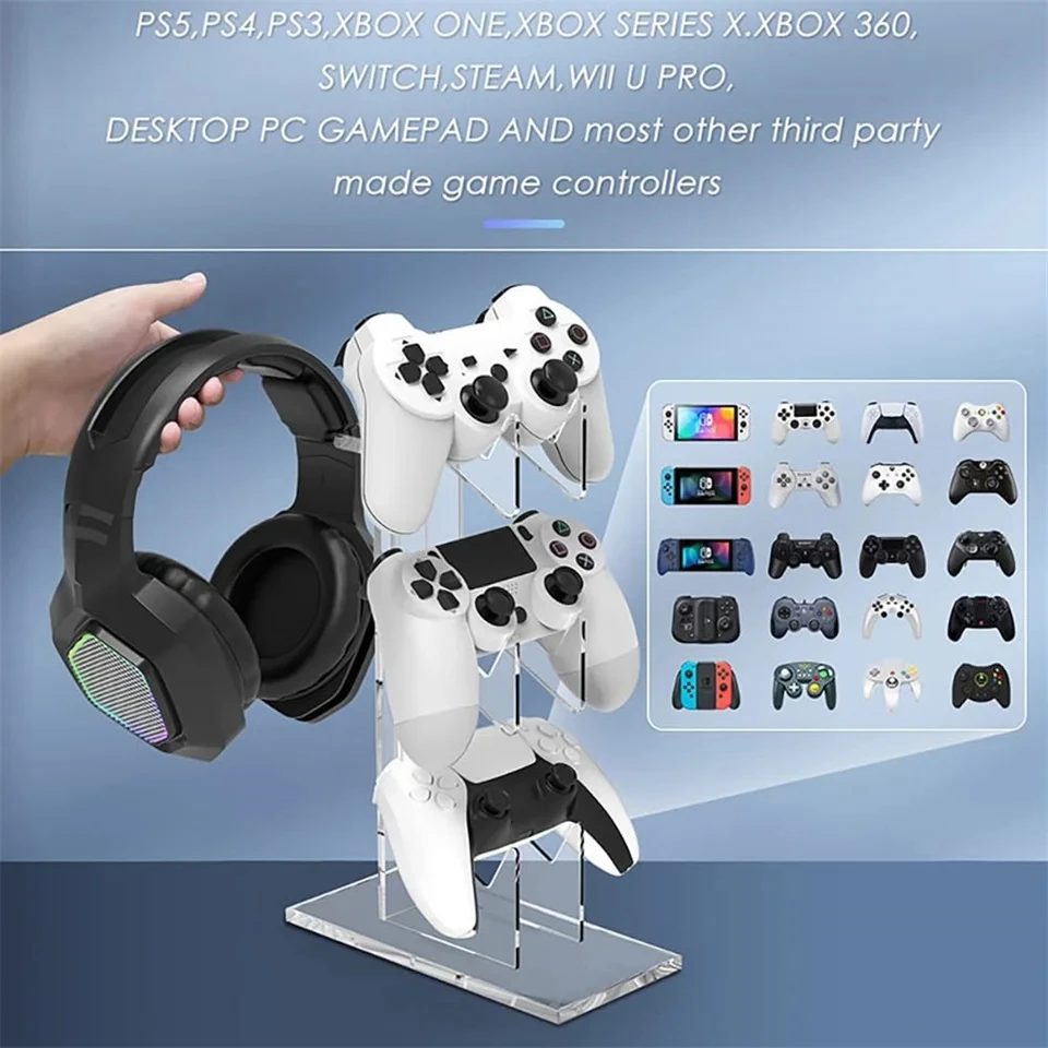 GAMINJA Acrylic Clear Controller Display Stand Compatible with PS5 PS4 Nintendo Switch Xbox Game Controller Holder Headphone Hol