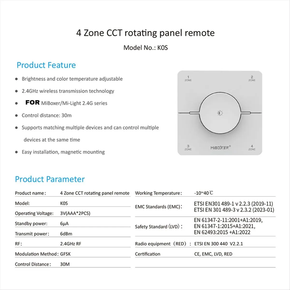 K0S 2.4GHZ Knob 4 Zone Panel Remote Adjust Color Temperature Brightness Dual White LED Dimmer Switch Controller