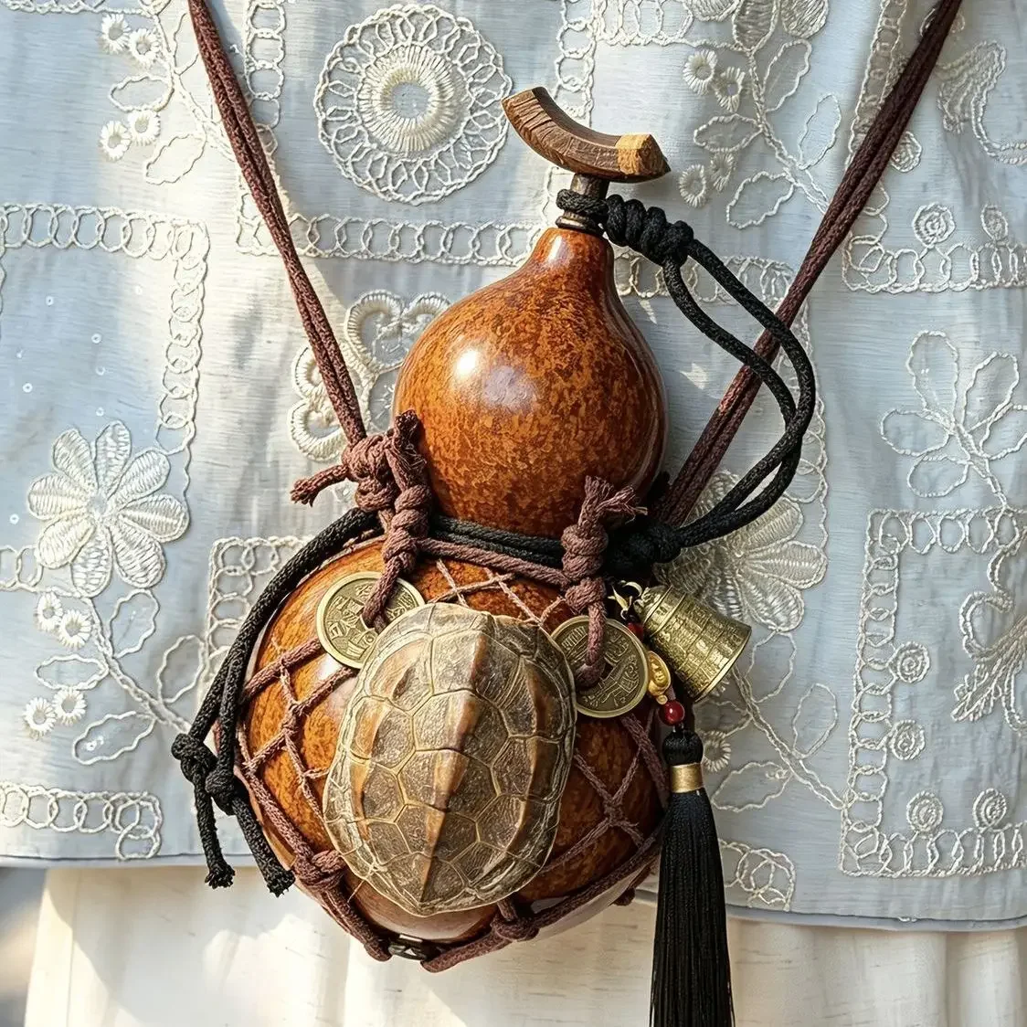Handmade Natural Gourd Tortoiseshell Flask with Net Pouch, Hot Water Safe, Cosplay Martial Arts Style
