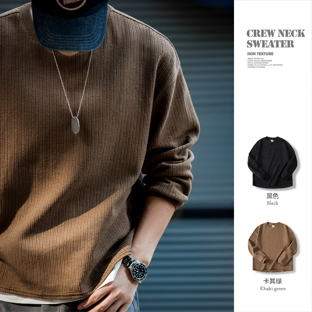 Maden Black Crew Neck Sweater for Men Loose-fit Knitted Hoodie Autumn Casual Drop-shoulder Sleeve Pullover Stretch Ribbed Collar