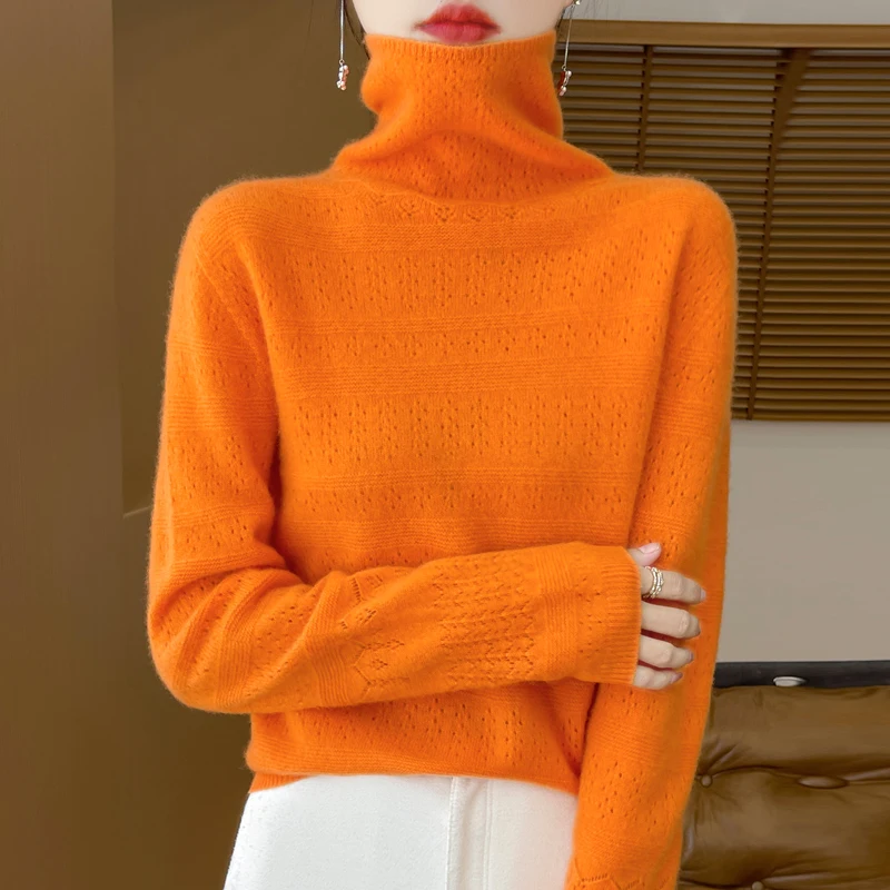 

100% Merino Wool Turtleneck Knit Openwork Sweater Cashmere Pullover Women Long Sleeves Solid Color Fashion Soft Clothing Top