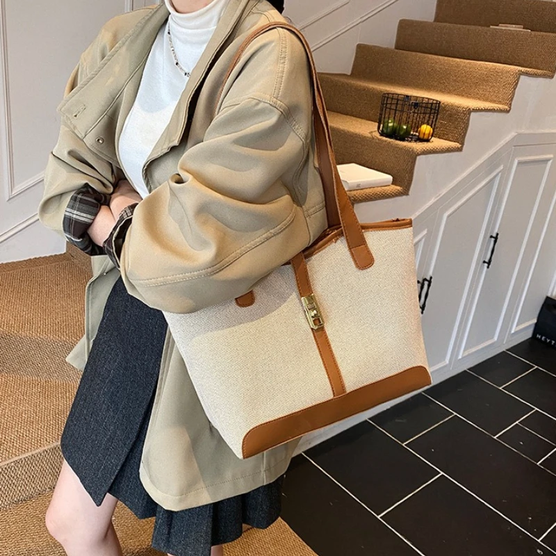 Woman's Shoulder Purse with Leather Trim, Commuter Handbag, Large Capacity Casual Tote Bag for Shopping, Travel Underarm Bag