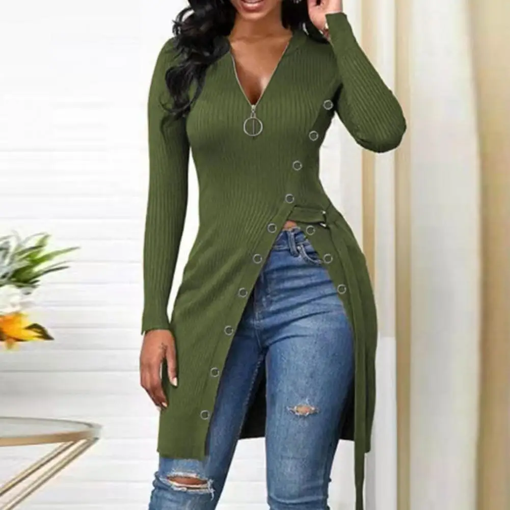 Chic Tunic Blouse  Mid-Length Slim Fit Women Blouse  Spring Autumn Solid Split Hem Tunic Blouse