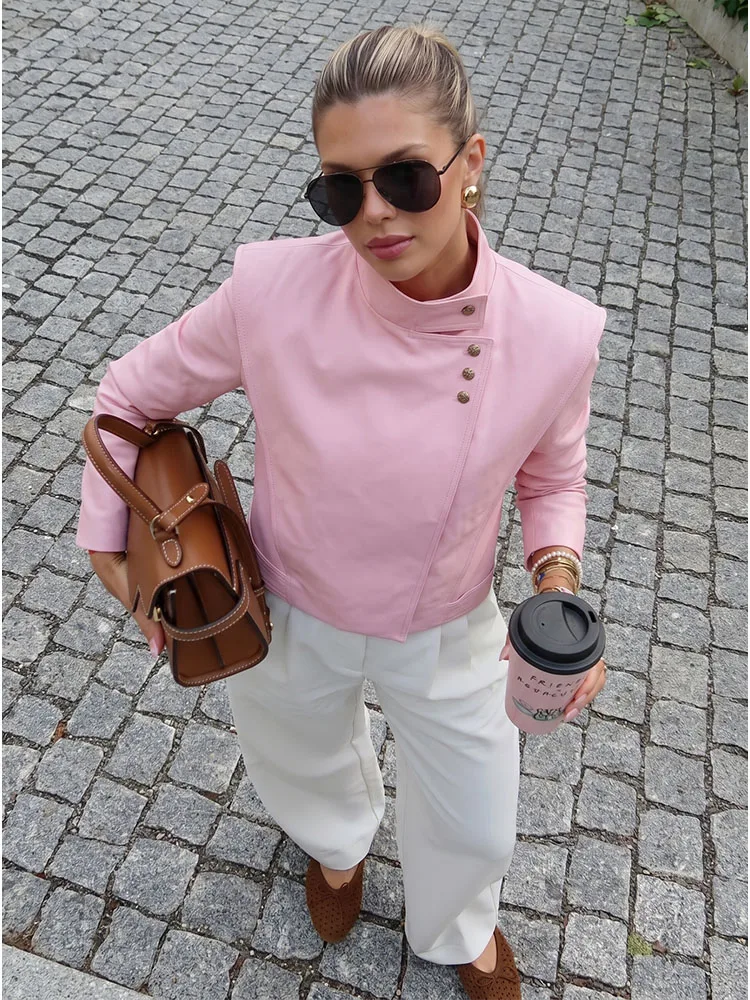 

HH Women Summer Elegant Minimalist Pink Tailored Jacket Spring Stand Collar Asymmetric Button Cropped Lightweight Outerwear