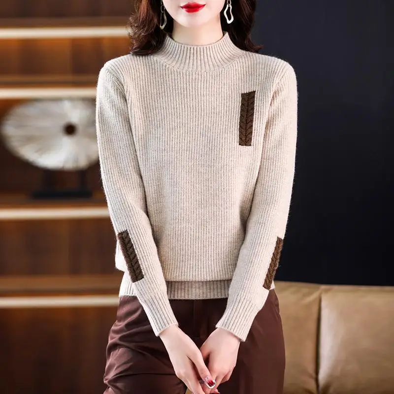 

Женский свитер с полувысоким воротником, новый осенне-зимний толстый универсальный и стильный тренд вязаного базового свитера с длинными рукавами