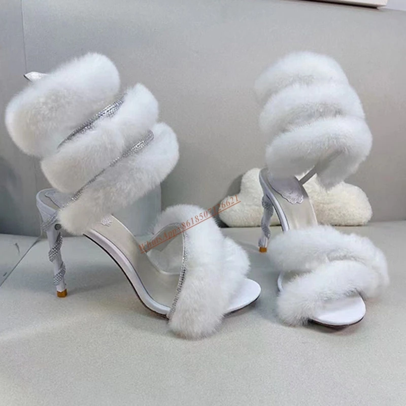 Round Toe Snake Wrap Strap Rhinestone High Heel Stiletto Furry Sandals All-match Banquet Wedding Shoes