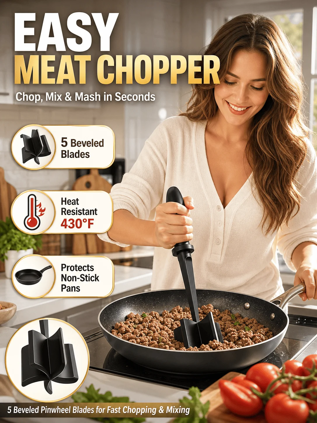 Heat Resistant Meat Chopper Masher, 5 Beveled Blades, Non-Scratch Nylon Ground Beef Smasher for Non-Stick Pans