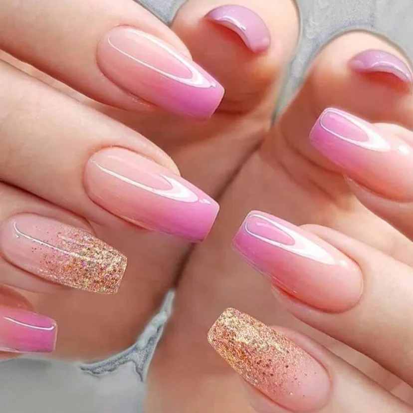 24 Uds. De uñas postizas de Ballet, uñas postizas de ataúd rosa degradado con diseño de polvo brillante, puntas de uñas simples de longitud media