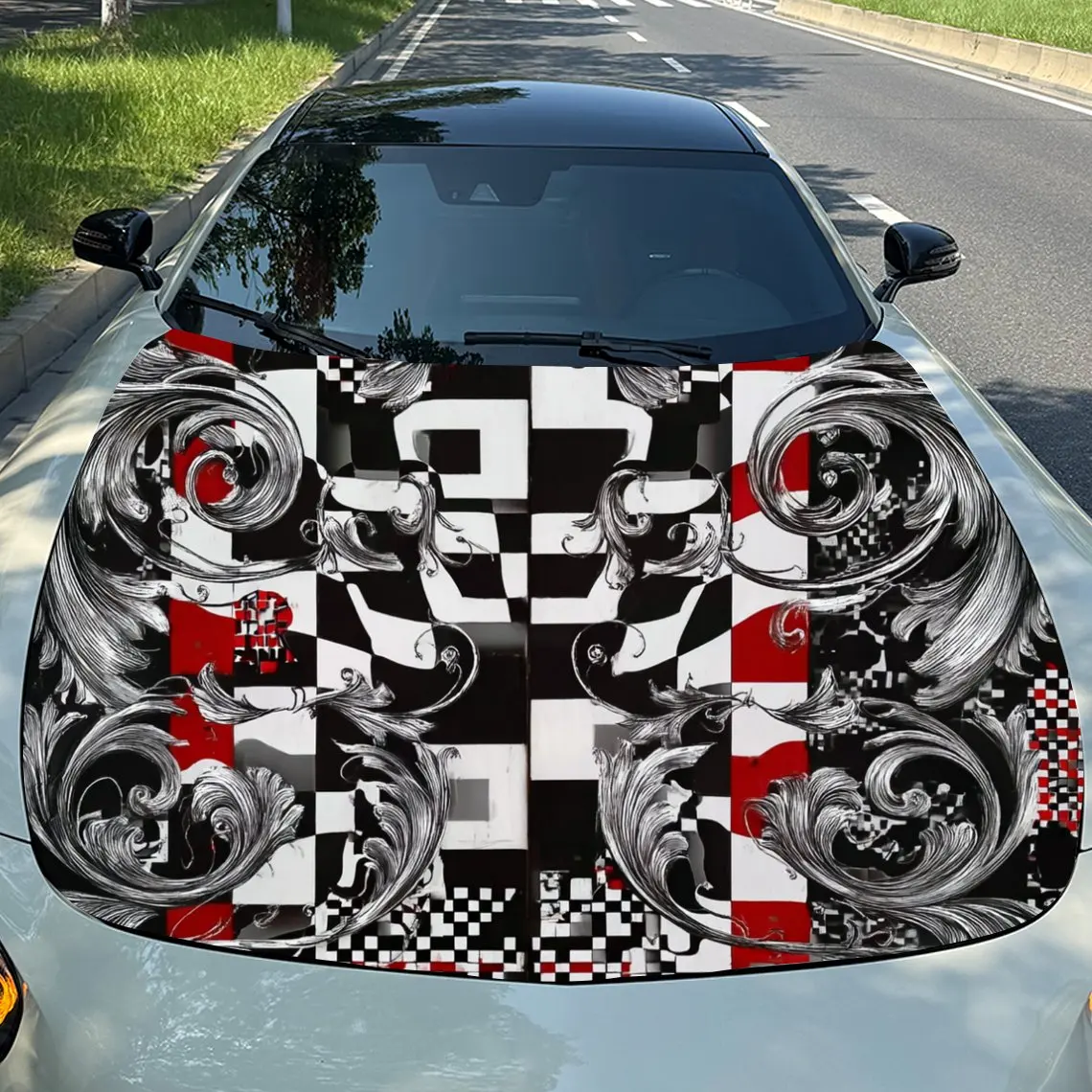 

1 Piece Of Easy To Install Car Hood Film, Black And White Checkered Pattern Pattern-suitable For Most Car Exterior Decoration St