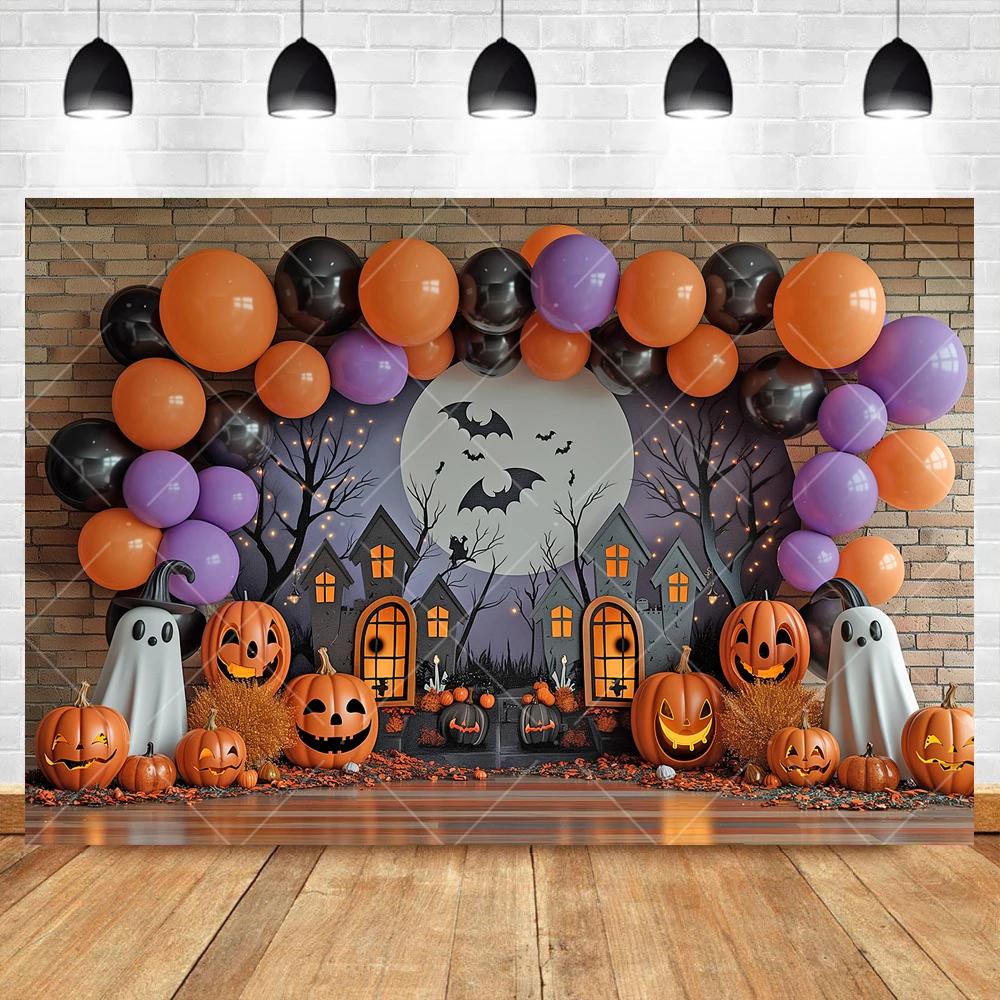 Halloween Photography Background Custom Orange Balloon Pumpkins Family Party Banner Kids Birthday Portrait Backdrop Photo Studio