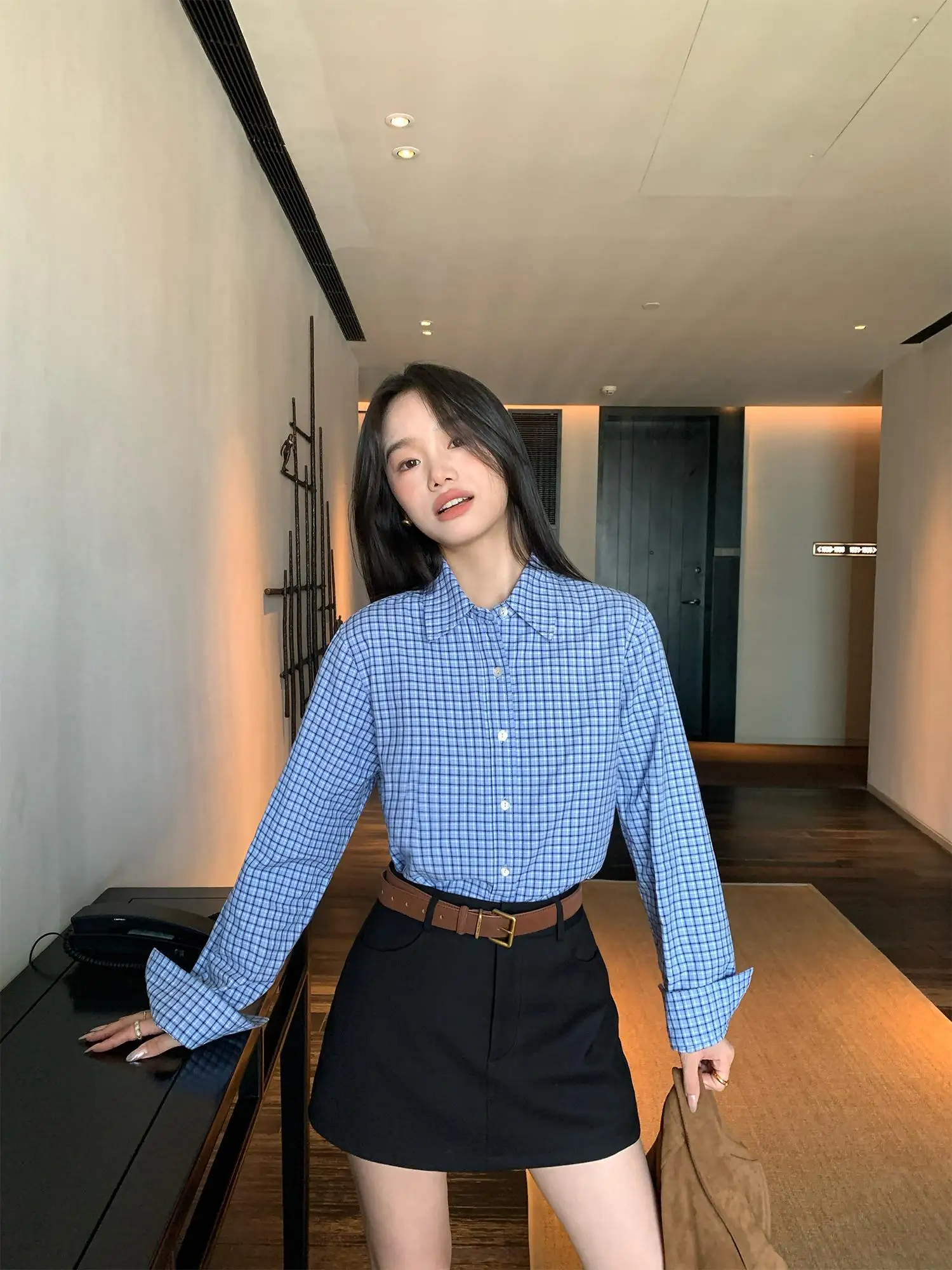 

Blue Plaid Casual Loose Long Sve irt Women's Vintage Preppy Sle Inspired Cotton Blend Comfortable Breathable