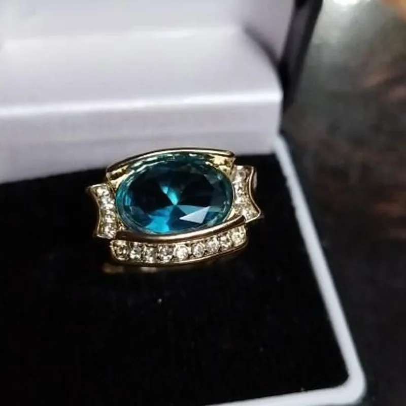 Milangirl Luxury Jewelry Gold Color Inlaid Light Blue Oval Crystal Zirconium Ring for Women Party Jewelry Female Accessories