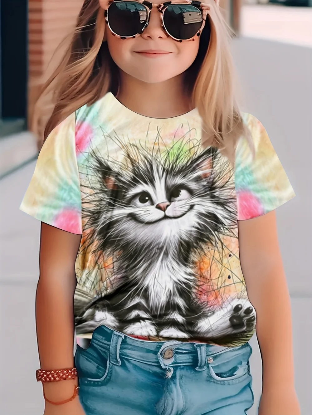 Kawaii القط الفتيات الملابس ثلاثية الأبعاد طباعة الأطفال تي شيرت س الرقبة البلوز فتاة تي شيرتات قصيرة الاكمام ملابس الأطفال مريحة