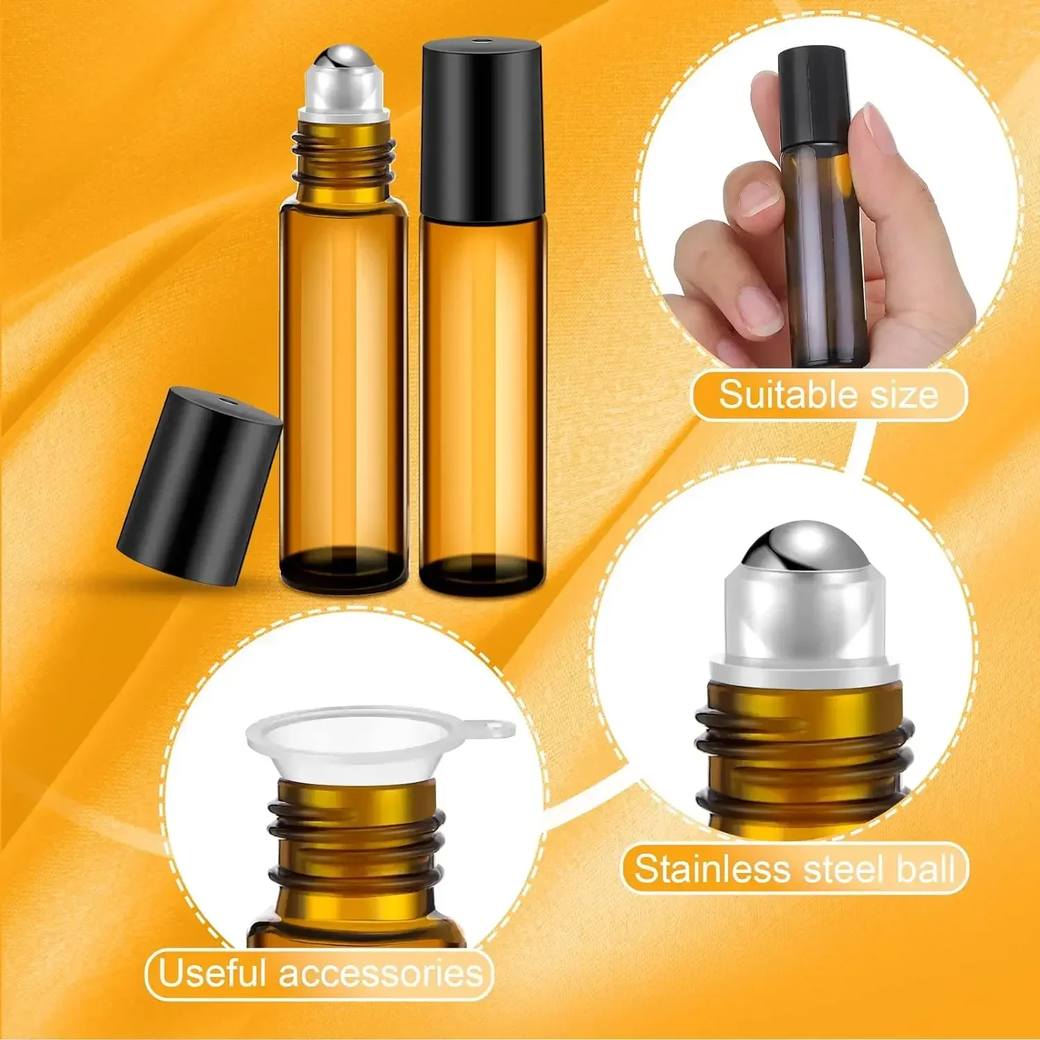 50/100 PCS 5/10ML Amber Roller Ball Essential Glass Oil Bottle Empty Perfume Roller Ball Refillable Liquid Container Makeup Tool