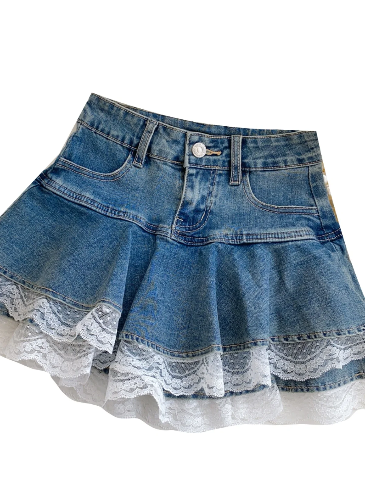 تنورة قصيرة من الدنيم النسائي بخصر مرتفع على الطراز الأمريكي، مزينة بالدانتيل، ضيقة من الخلف، تنورة نصف الجسم، تنورة على الطر... #2