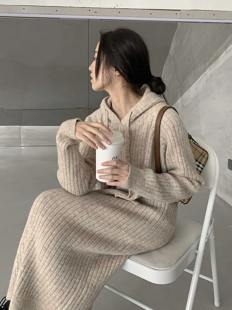 Coréen Sle automne hiver à capuche tricoté Dr ample mi-long sur le genou couche de Base femmes Faion pull Dr