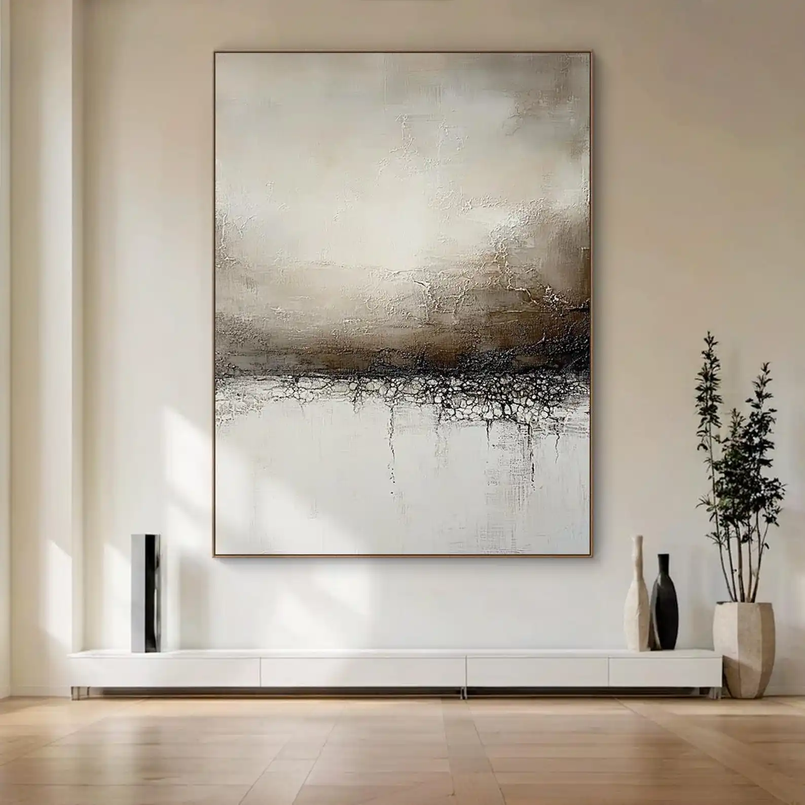 Mhemyo Abstract Textured Oil Painting Modern Neutral Wall Art Beige and Black Canvas Painting Large Abstract Art for Living Room