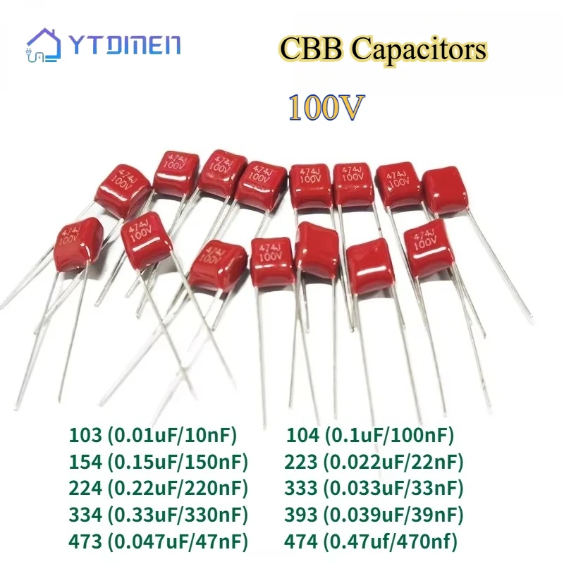 20/40PCS CBB Capacitor Polypropylene Film 100V 100nF 154 150nF 223 22nF 224 220nF 333 33nF 334 330nF 393 39nF 473 47nF 474 470nf