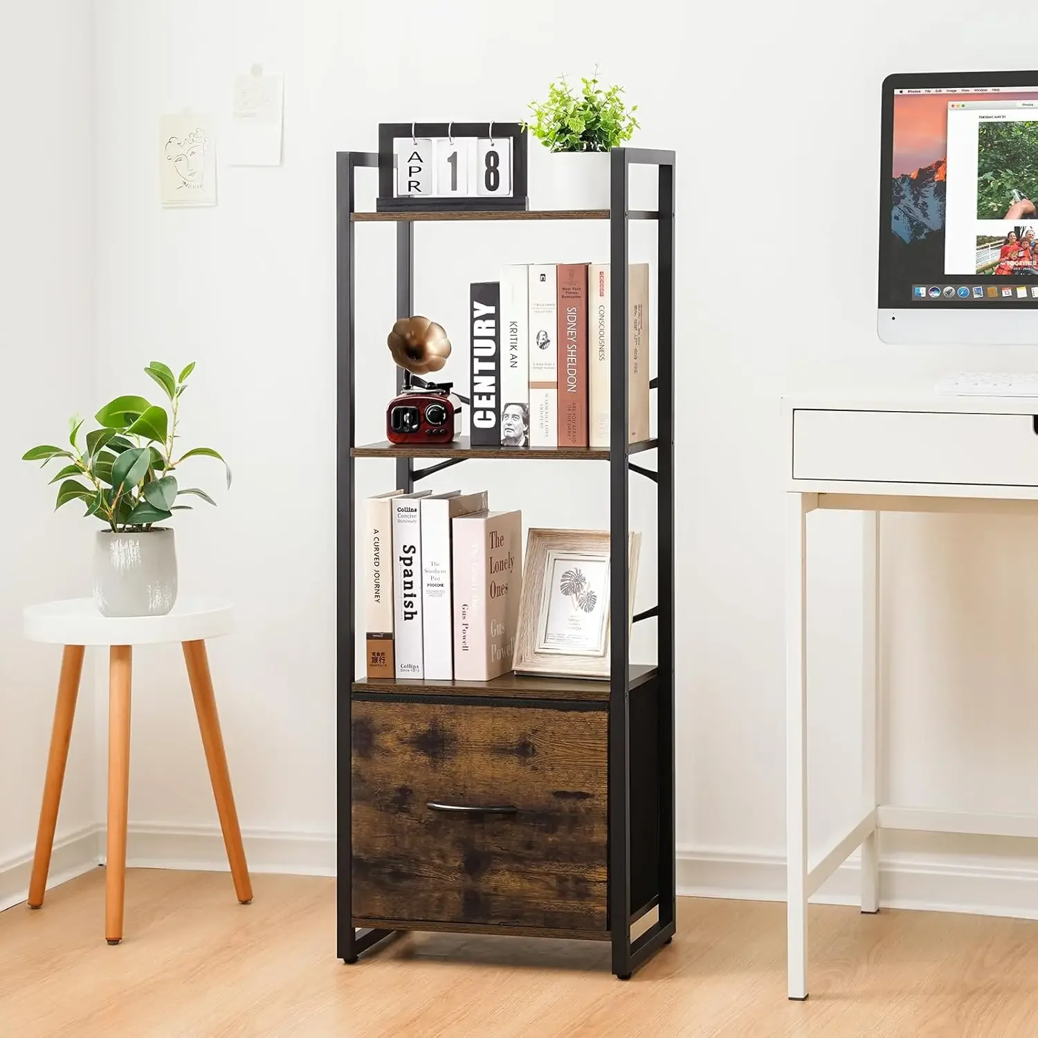 Yoobure Bookshelf, 4 Tier Book Shelf with Drawer,Small Bookcase Narrow Book Case,Industrial Bookshelves Shelf for Bedroom Living