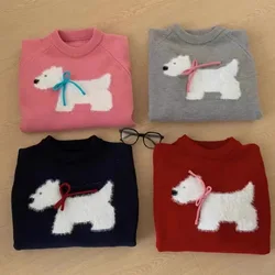 Women's Cute Sweater Cartoon Print Patch Bows Long Sleeve O-enck Pullover Knitting Tops Autumn Winter Female Warm Soft Knitwear