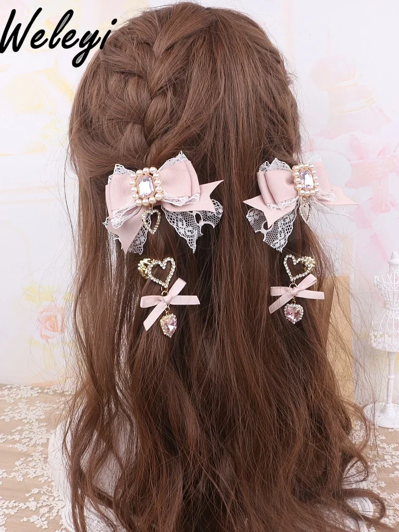 Japanese Lolita Pink Hair Accessories Sweet Mine Series Mass Production Hairpins Jirai Kei Rhinestone Love Bow Pendant Side Clip