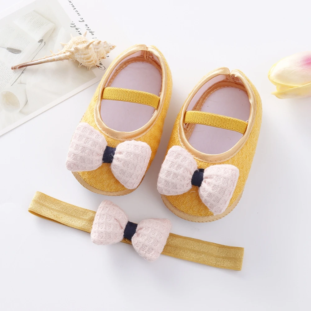 

Baywell Toddler Princess Wedding First Walkers 0-12 Months Newborn Baby Girls Flats + HairBand Infant Cute Bowknot Shoes