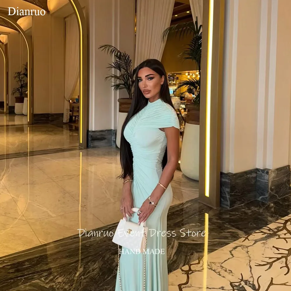 

Dianruo Mint Green High Neck Evening Dresses Ruched Bodice Vestidos De Festa Chiffon Short Sleeves Prom Gowns 2025 Customized
