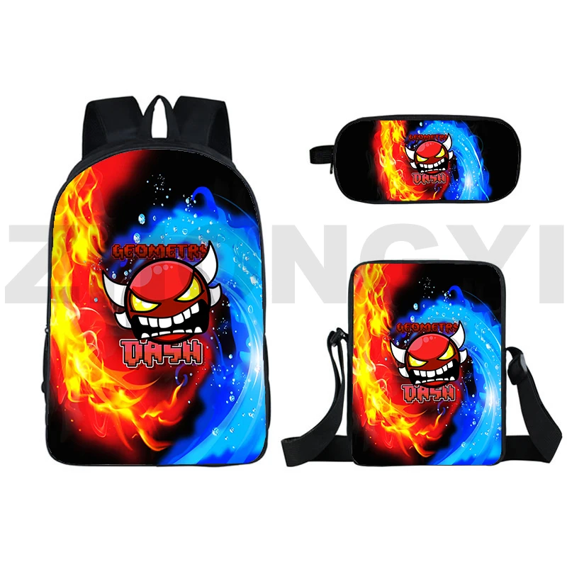 

3D Print Angry Geometry Dash Backpack 3 Pcs/Set Laptop Travel Work Business Bags Large Capacity Students Schoolbags Pencil Case