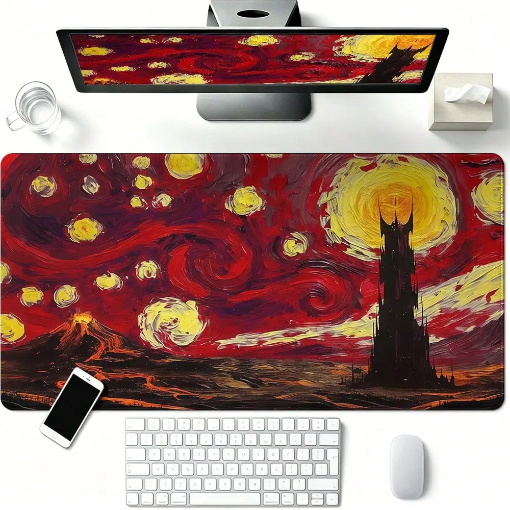 Van Gogh Starry Night Mordor Dark Tower Gaming Mouse Pad, Volcano Lava Large Extended Desk Mat, Non-Slip Rubber Keyboard Pad For Game Office Decor