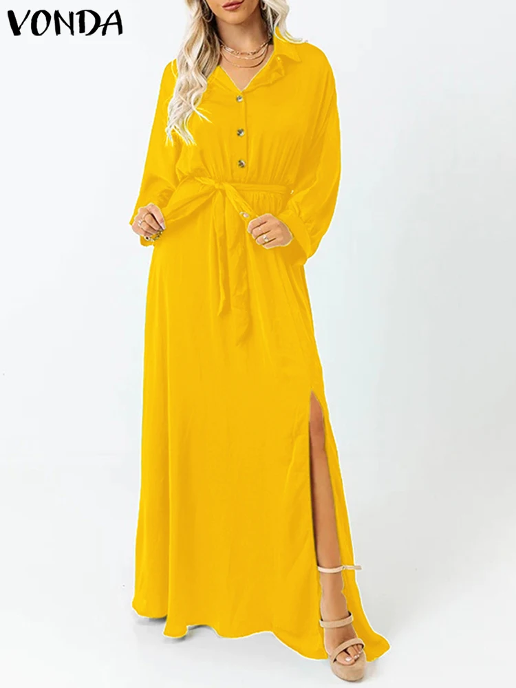 VONDA 2024 Summer Women Elegant Shirt Dress Long Sleeve Belted Maxi Sundress Fashion Lapel Split Solid Color Buttons Casual Robe