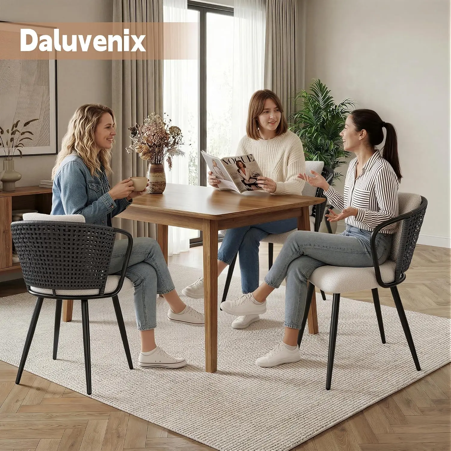 Rattan Dining Chairs Set of 4, Modern Upholstered Kitchen Chair with Metal Legs, Ergonomic Curved Backrest, Mid Century view 6