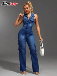 Mlaiscsr Women Clothing Blue Denim One Piece Jumpsuit Halter Backless Sleeveless Straight Jean Overalls Cargo Pants Rompers  New