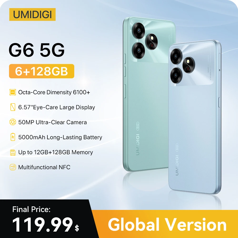 [NEW 5G] UMIDIGI G6 5G Smartphone 5G Android 13 Dimensity 6100+ 6+6GB 128GB 6.57” 90Hz 50MP Ultra-Clear Eye-Care Dual Camera NFC