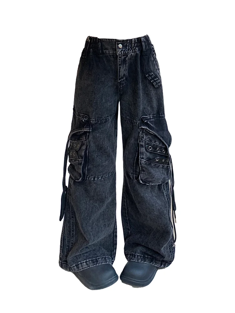 Vaqueros negros Cargo holgado gótico Y2K para mujer, ropa de calle Harajuku japonesa de gran tamaño, pantalones vaqueros Vintage estéticos de los años 2000, ropa