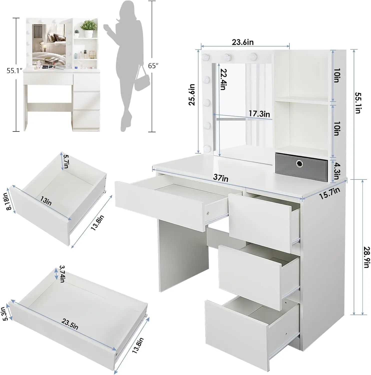 Bedroom Makeup Vanity in White, 37inch with 4 Drawers, Lighted Mirror and 3 Adjustable Lighting Modes view 6