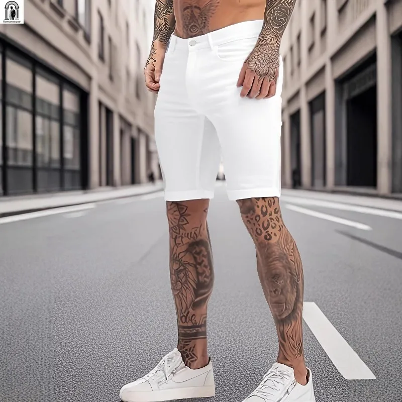 

High Quality White Denim Shorts for Men Slim Fit Knee Length Rolled Hem Jeans Shorts for Daily Wear Men's White Denim Shorts