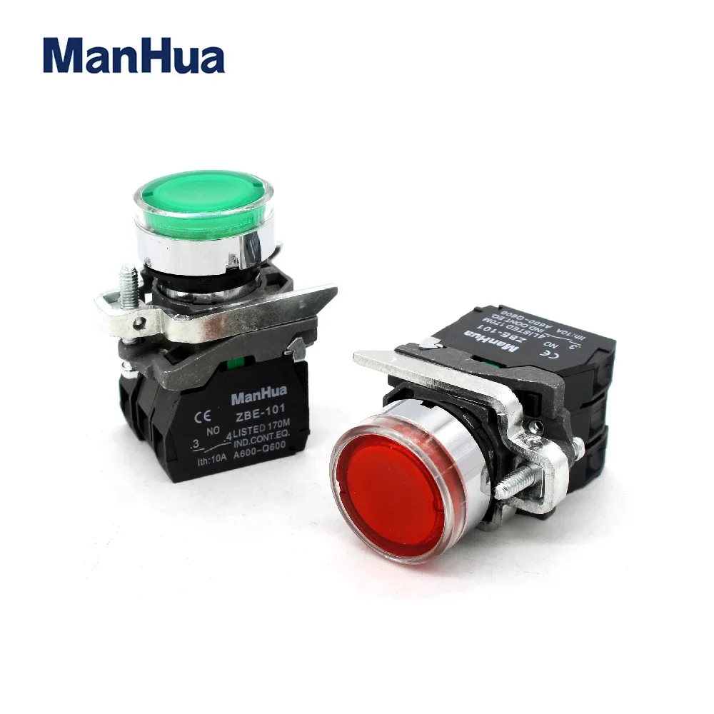 ManHua XB4-BW33M5 & XB4-BW34M5 High Quality Waterproof Industrial Metal Round Push Button Switch with LED Red Green Lamp