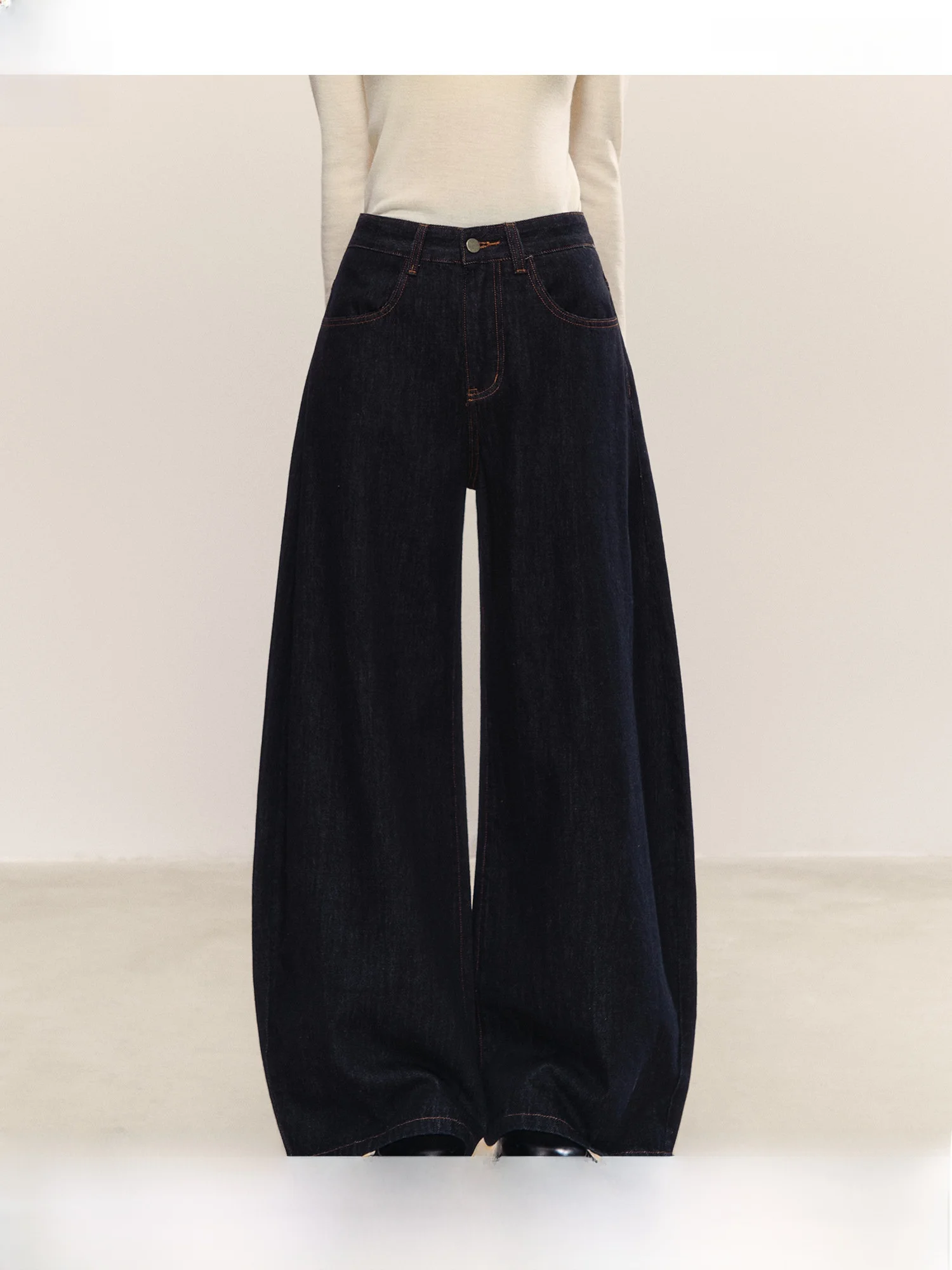 Deep Blue Vintage Denim Pants Casual Loose Drapey High Waist Slimming Wide Leg Trousers for Young Women Summer Season