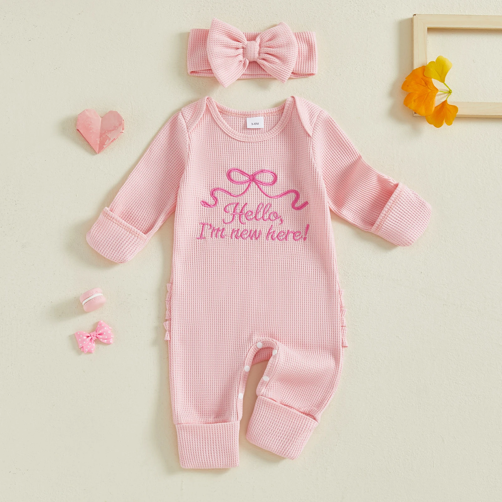 

Newborn Baby Girl Spring Romper Bow Letter Embroidered Waffle Knit Long Sleeve Jumpsuit with Matching Headband 2 Piece Set