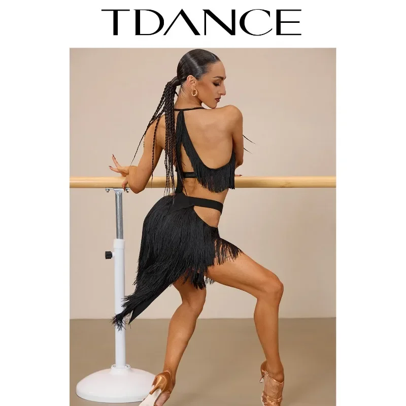 Customized TDANCE Latin Dance Wear [V-neck Hanging Neck Tassel Tank Top] Atmosphere Balloom Stage Performance Dance Top GL-363