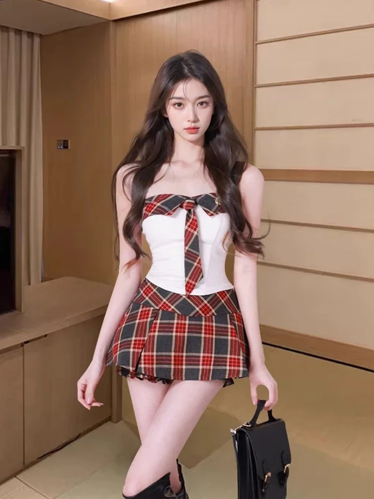 American College Sle Plaid  Skirt Set Women Summer 2025 New Tie Drape Top Two-Piece Set Polyester Fiber Workwear