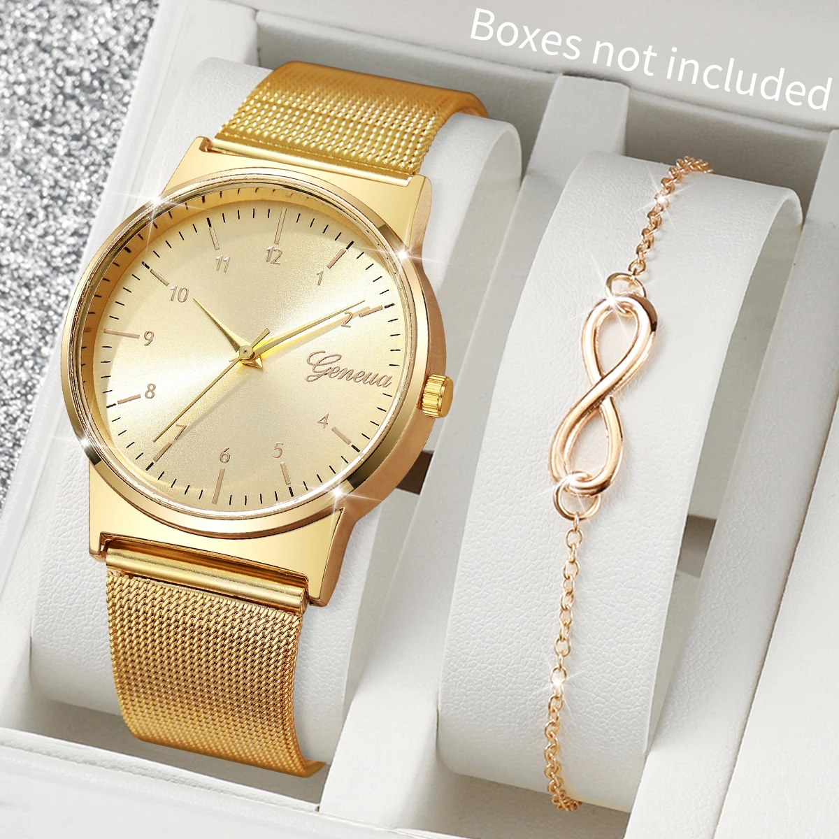 2개/세트 패션 아랍어 다이얼 여성 시계 심플 메쉬 밴드 여성용 쿼츠 손목시계 팔찌 세트 여성 시계(상자 없음)