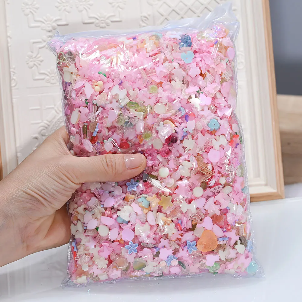 50g/bag Pink Purple Bows Nail Art Charms 500-600pcs Mixed Butterfly/Flower/Bear/Strawberry Nail Decorations 3D Cute Nail Crafts