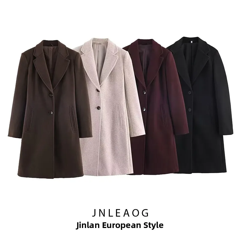 JNLEAOG Fashionable Soft Shoulder Pad Coat Women's Street Style Polyester Fiber Long Sleeve Mid-Length Coat for Autumn