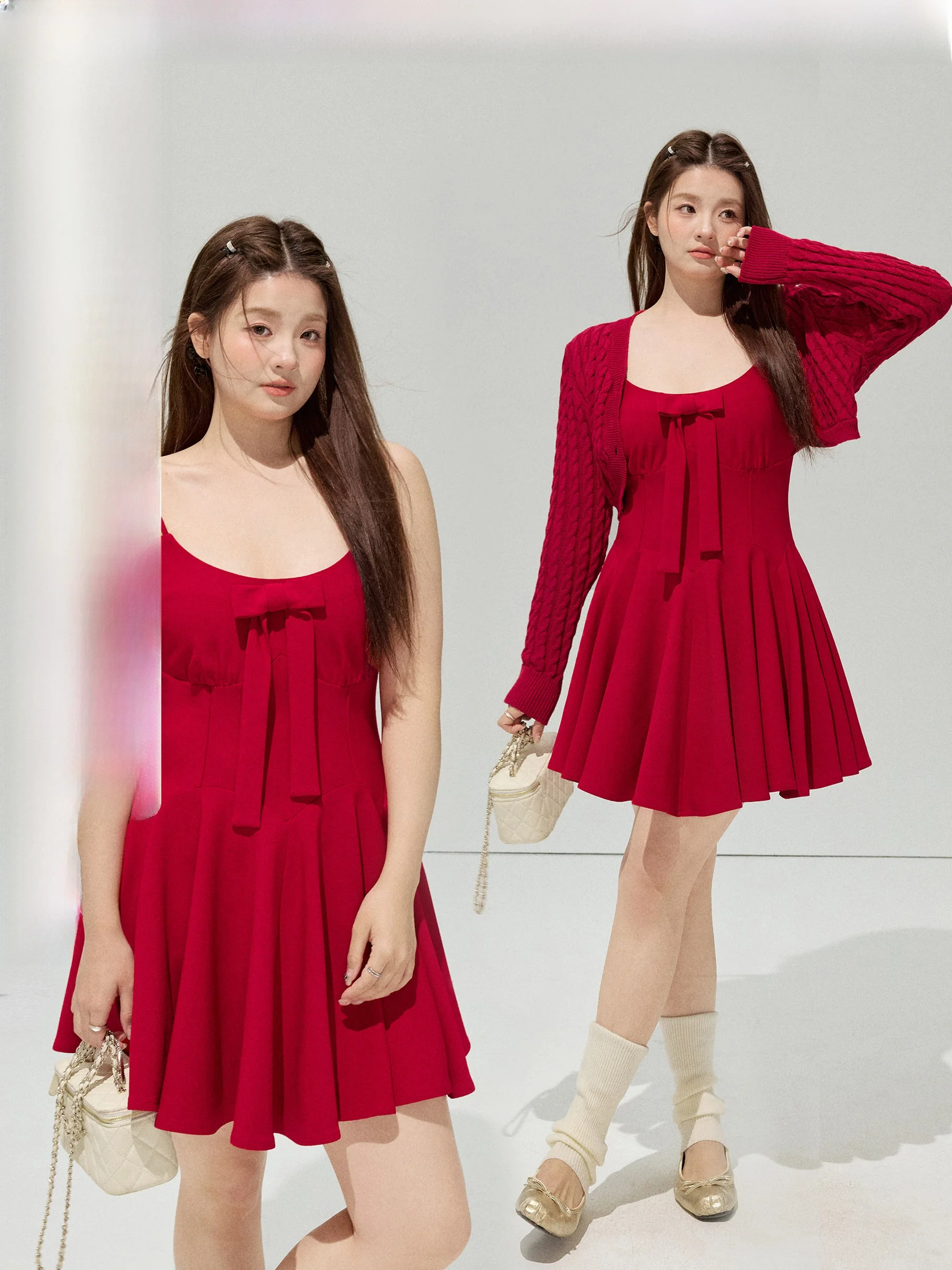 

Jiulu Studio "Right Beau" plus Size Knot Strap Dr Cardigan Set Waist Cinched Sweet Sle High Waist Spring Fas...