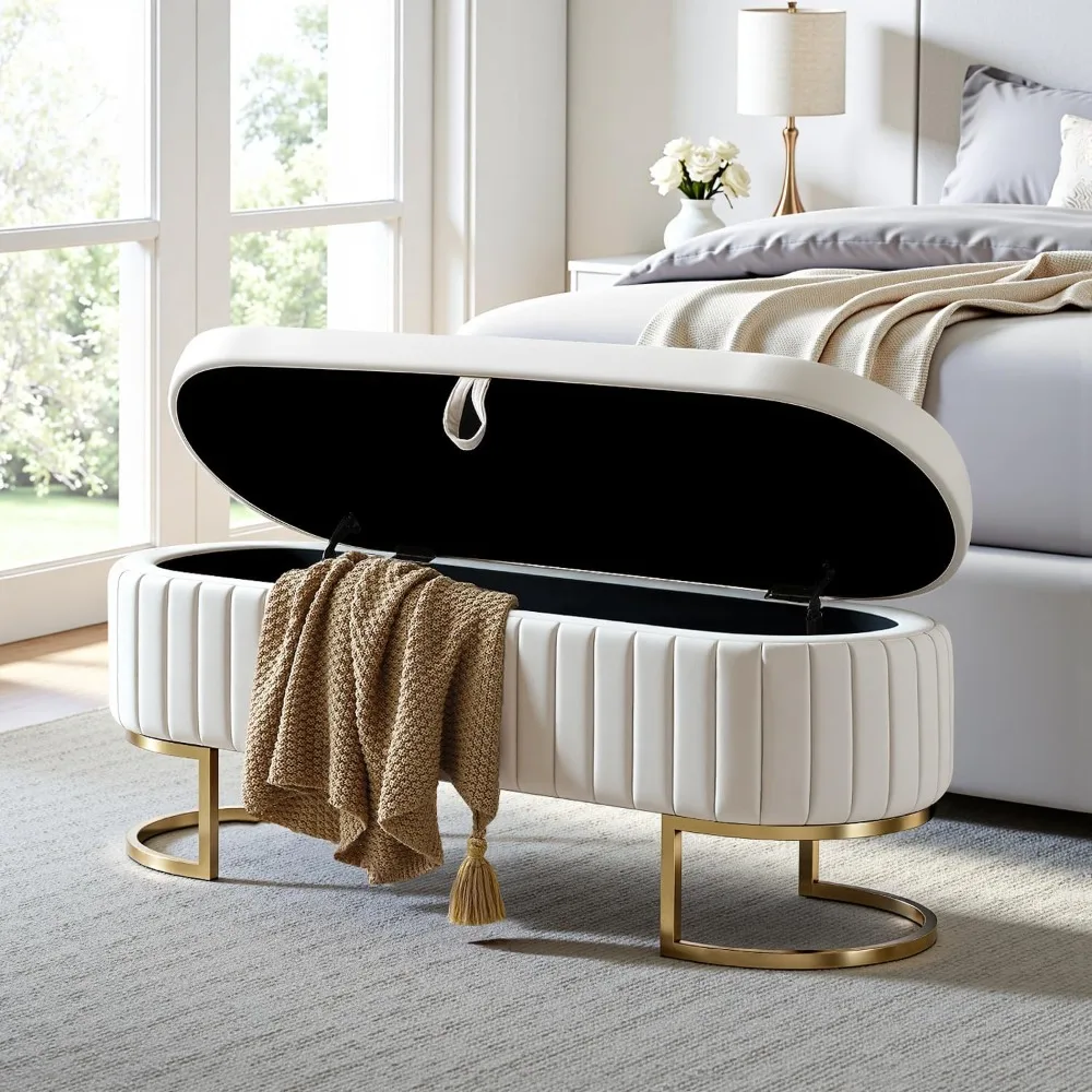 

50" Velvet Storage Ottoman - Modern Bed Bench with Gold Legs for Bedroom & Entryway