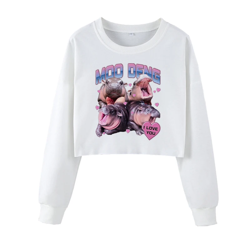 Moo Deng I Love You Crop Crew Neck Sweater Cute Animal Fashion Text Print Comfortable Sweatshirts