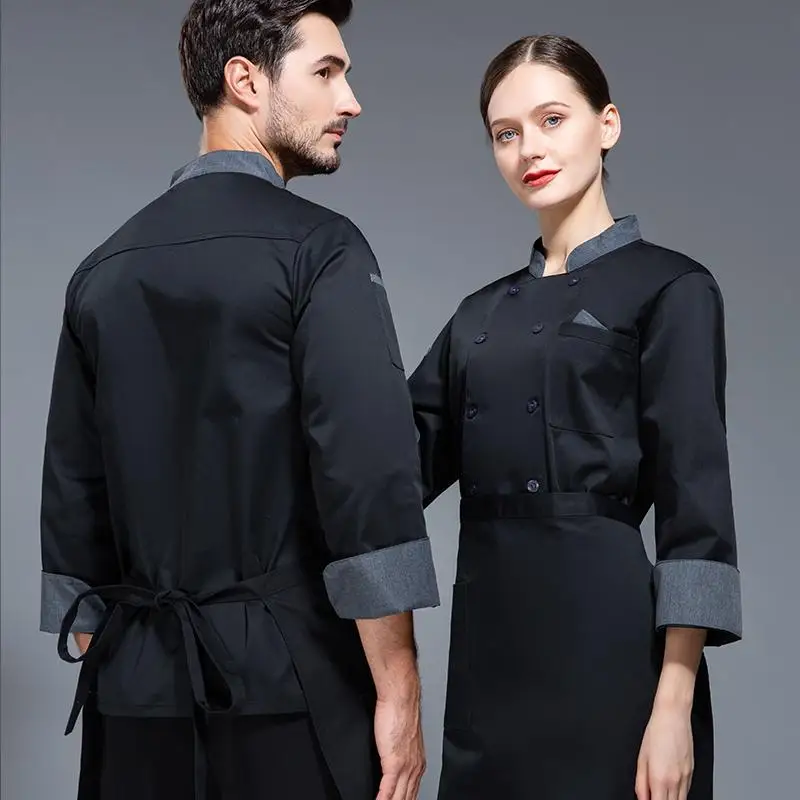 Veste de chef noire à manches longues pour femmes, uniforme de chef, manteau de cuisinier, t-shirt de chef, uniforme de travail de boulanger, vêtements d'hôtel WaClaRestaurant, logo