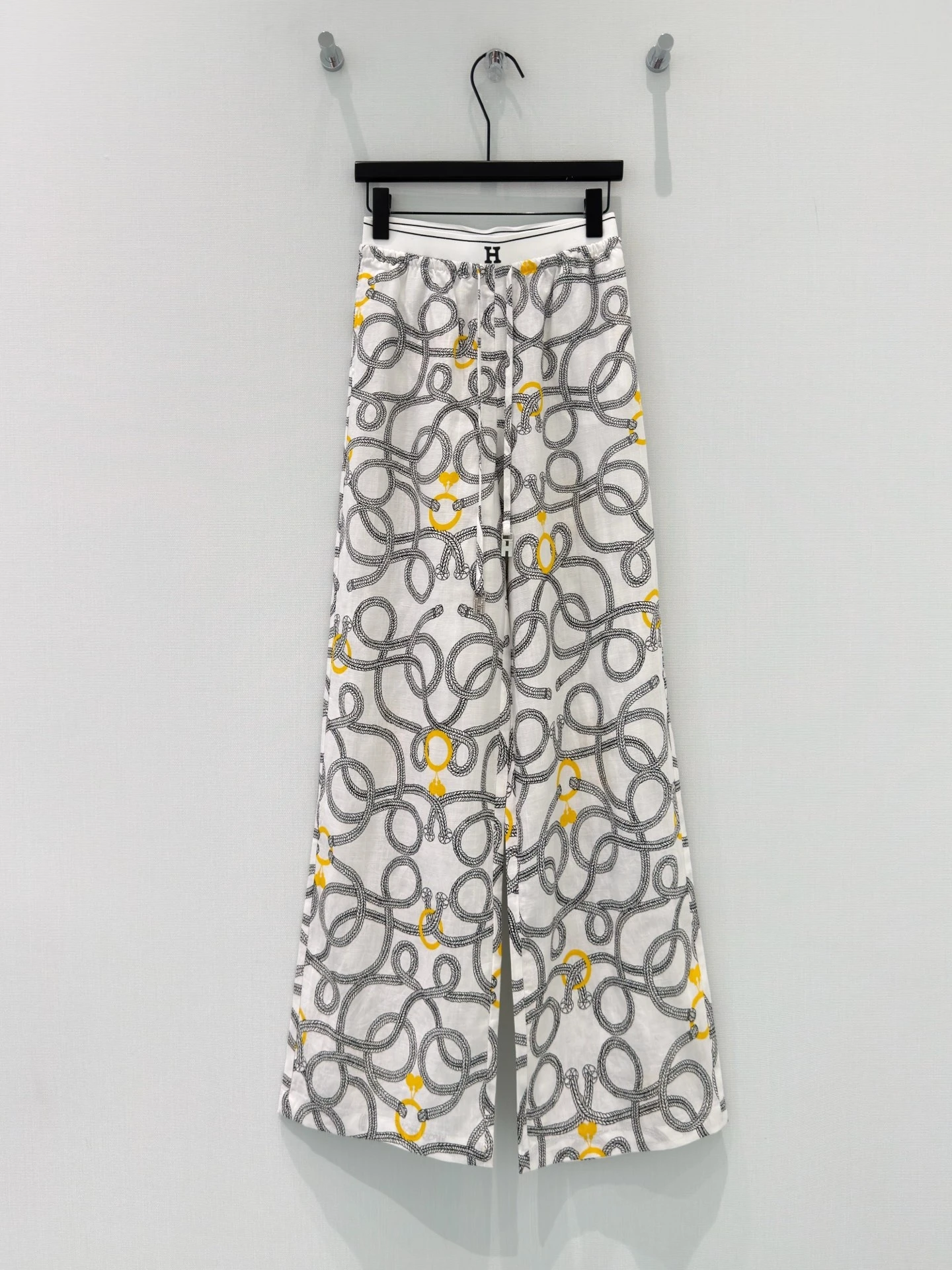 

High-End Original Quality Spring Summer New Chain Print Drawstring Elastic Waist Cotton Linen Wide Leg Casual Pants Women