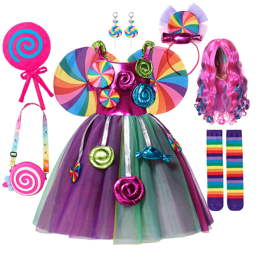 Girls Rainbow Dress Candy Costume Sweet Lollipop Festival Purim Carnival Party 3-10y Children Clothing with Candy Wing Stage Sho